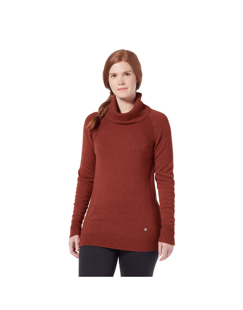 Front view of a woman wearing the Royal Robbins Women's Westlands Funnel Neck in Rustic Heather.