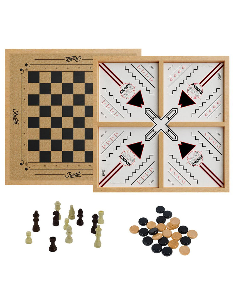Rustik Crazy 4 Sling Puck Game, both sides of game board with playing pieces beside