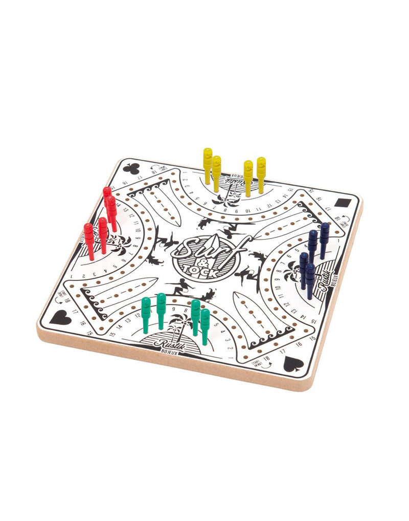 Surf & Tock Pachisi Travel Game board with cross shaped row of peg holes that encircle the board.  Four of each colour pegs (yellow, blue, green and red) resting in home area peg holes