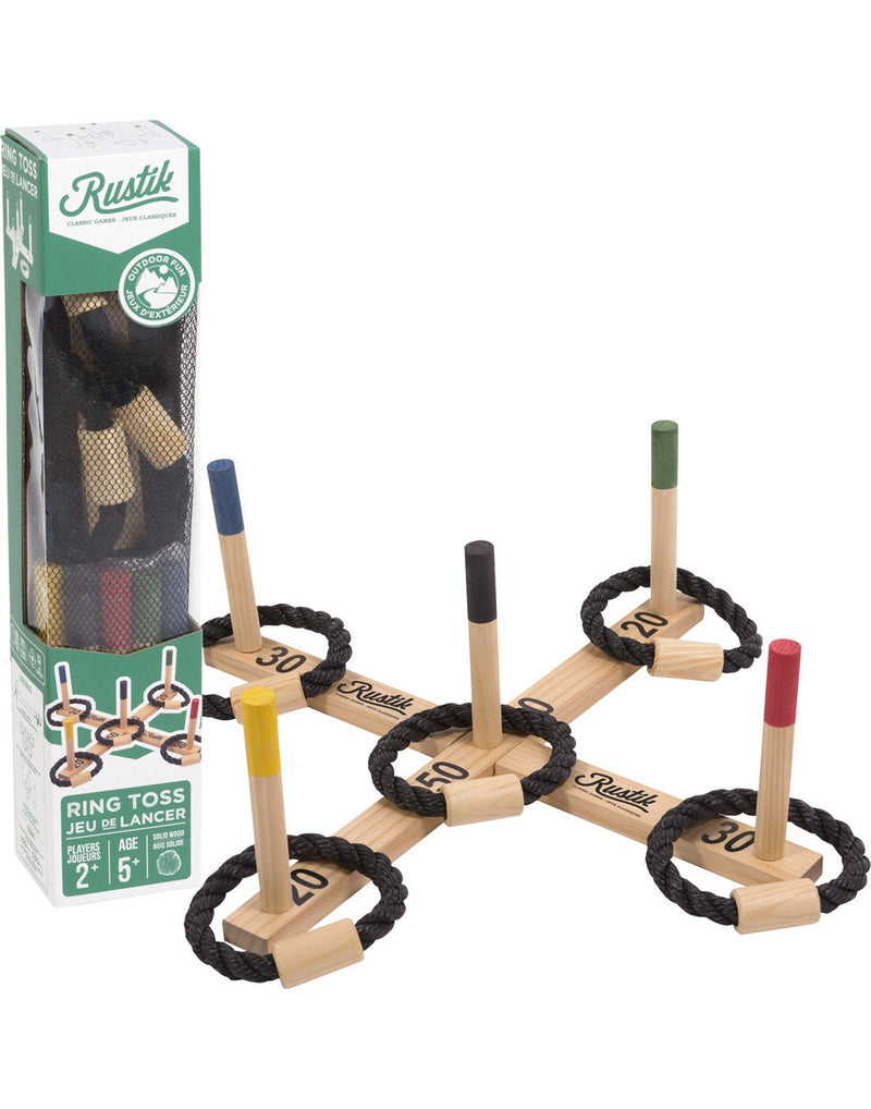 Wooden Ring Toss Game set up - natural colour wood in an x shape with a coloured peg on each end and one in the middle.  Five black braided rope rings around each of the pegs, with the box beside.