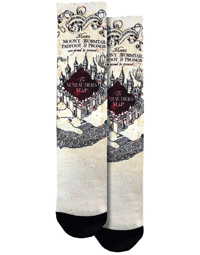 White socks with black toe and image of Harry Potter marauder's map