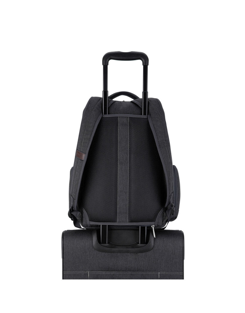 Swiss Gear 26L Computer Backpack, grey, back view of pass-through system attached to luggage telescopic handle