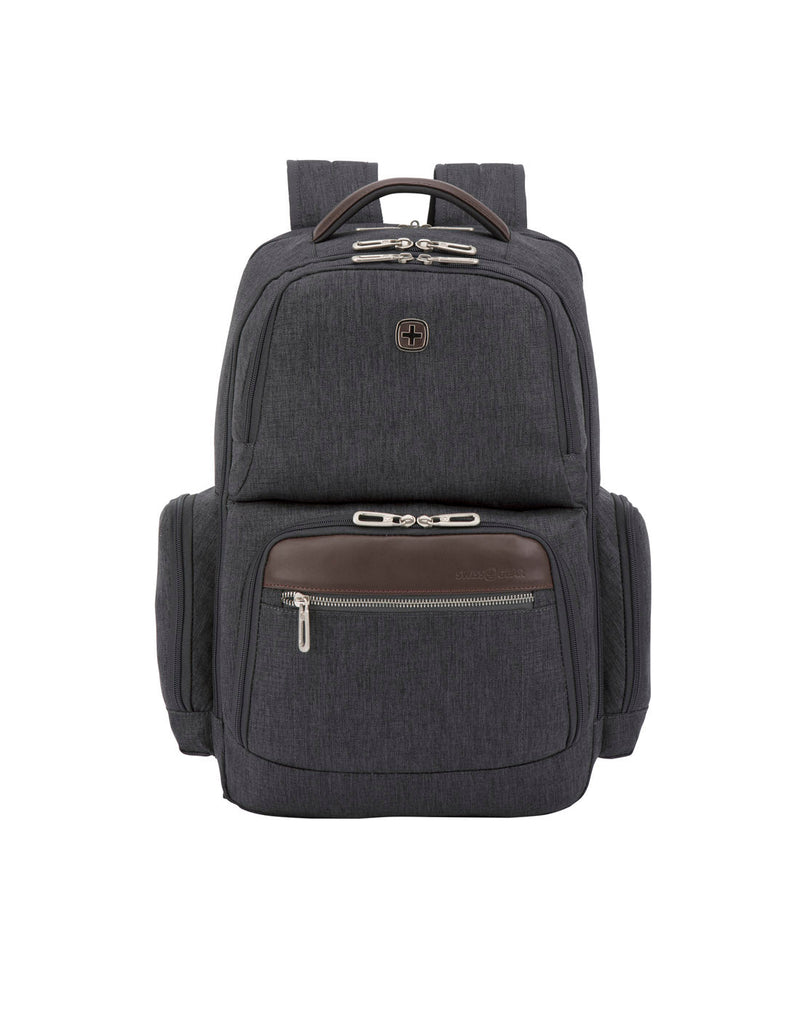 Swiss Gear 26L Computer Backpack, grey with brown top handle and front panel with silver zippers, front view