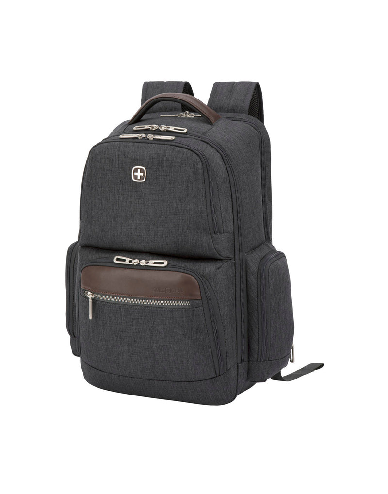 Swiss Gear 26L Computer Backpack, grey with brown top handle and front panel with silver zippers, front angled view