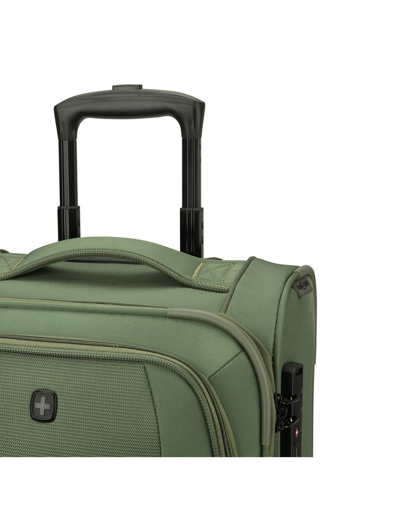 Close up of black telescopic handle extended on khaki Swiss Gear Altitude 19" Carry-on Spinner