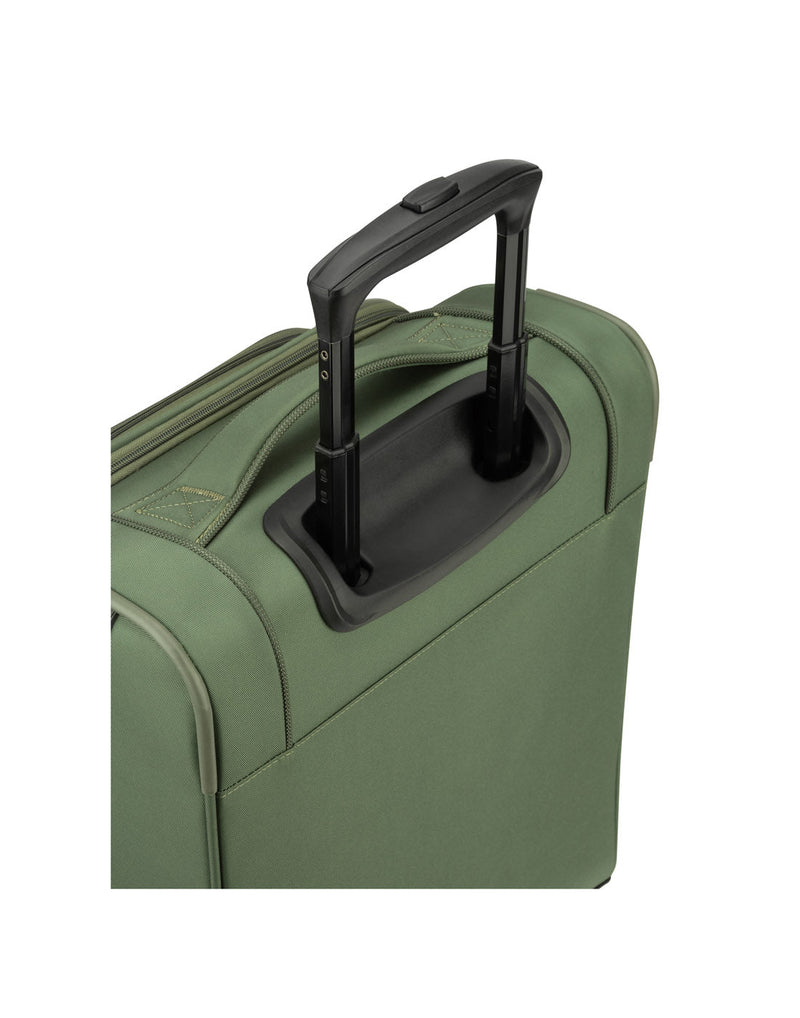 Close up of back view of black telescopic handle extended on khaki Swiss Gear Altitude 19" Carry-on Spinner