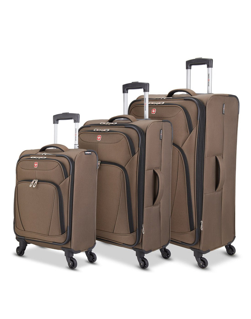 Swiss Gear Beaumont Lite 3-Piece Spinner Luggage Set, softsided in mocha brown with black trim