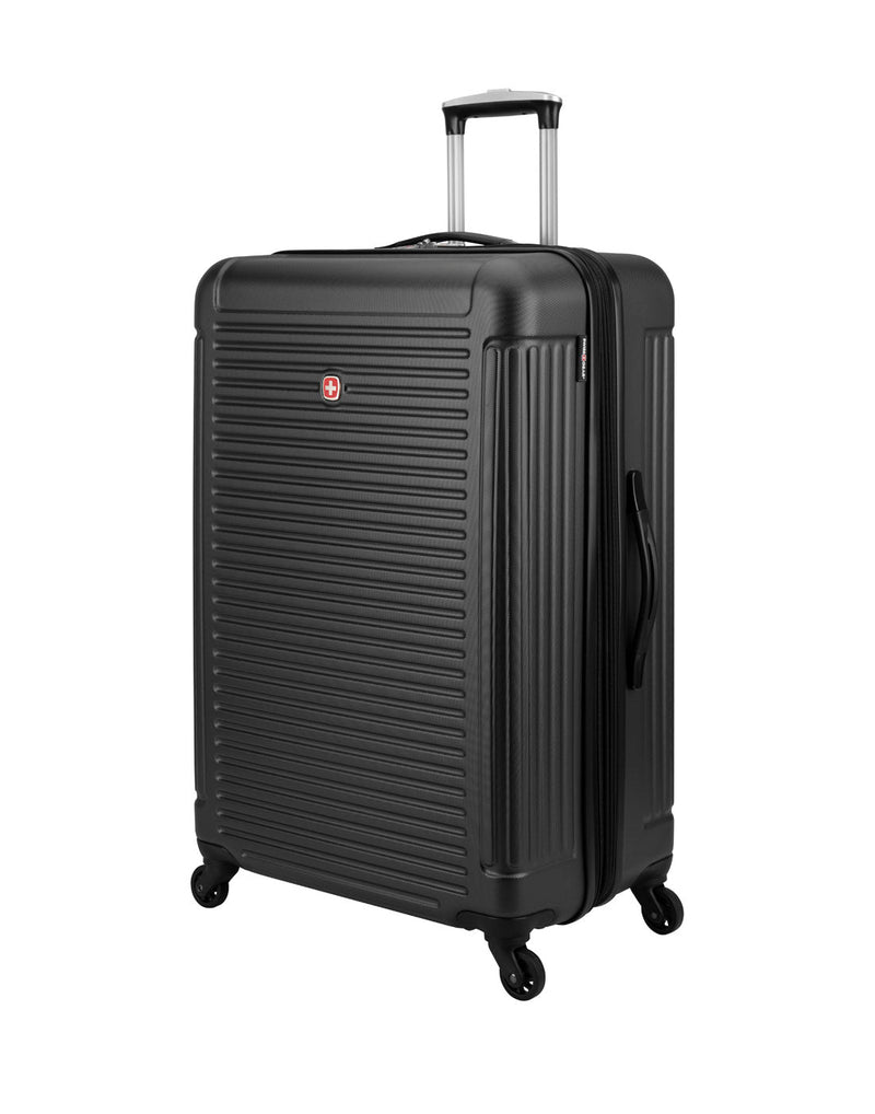 Swiss Gear Escapade 5 Hardside 28" Expandable Spinner, black, front side view.