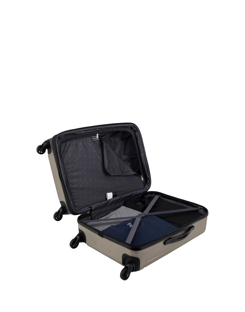 Swiss Gear Escapade 5 Hardside 28" Expandable Spinner, sand, open view.