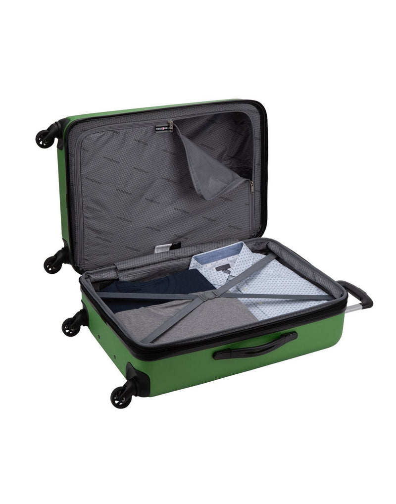 Swiss Gear Il Madone 24" Hardside Expandable Spinner, lime green, open inside view with clothes folded and packed inside