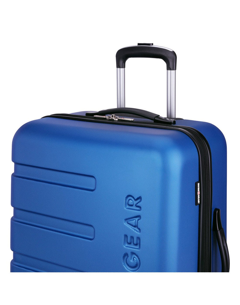 Close up of top of blue luggage with telescopic handle extended