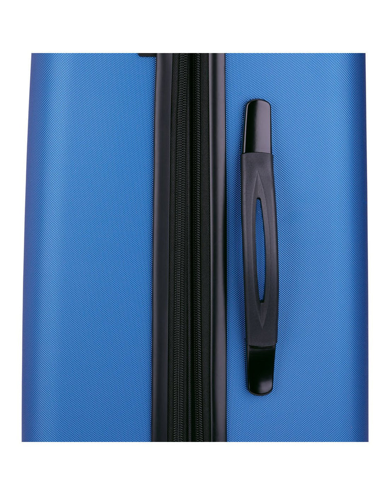 Close up of side grab handle on blue luggage