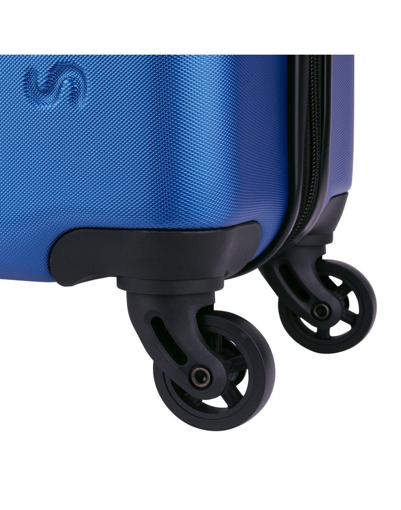 Close up of spinner wheels on blue luggage