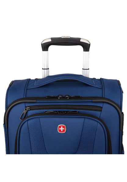 Close up of top half of the Swiss Gear Neolite III 19" Carry-on Spinner in blue, front view