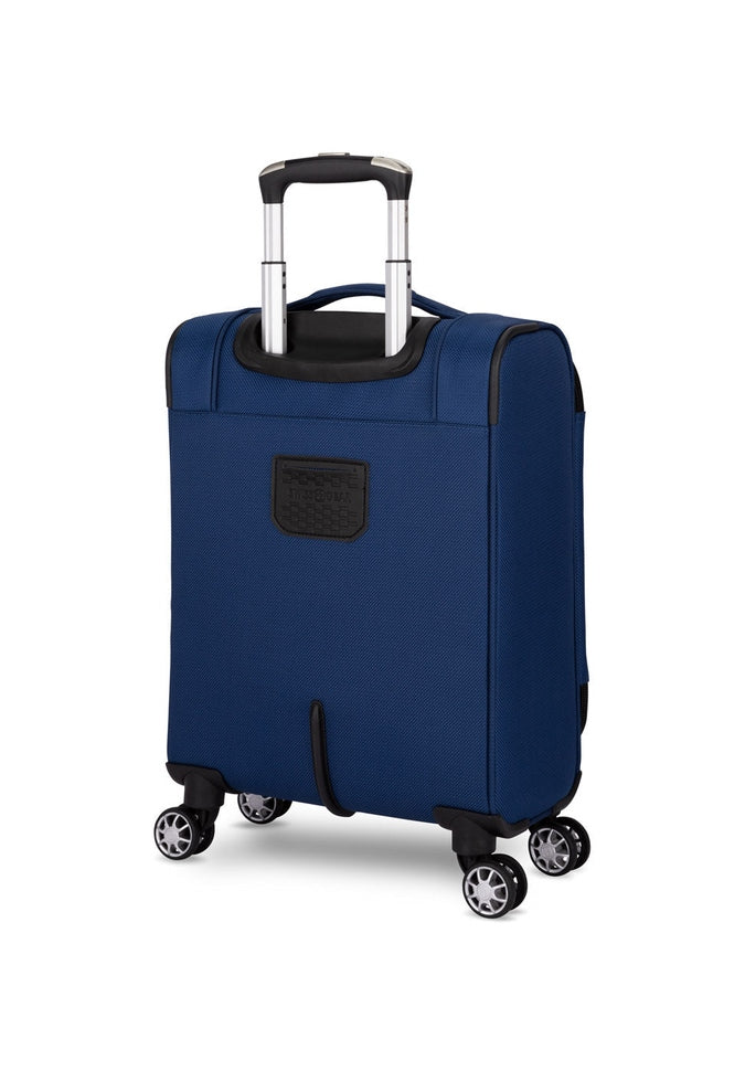 Swiss Gear Neolite III 19" Carry-on Spinner in blue with black trim, back angled view