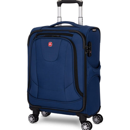 Swiss Gear Neolite III 19" Carry-on Spinner in blue with black trim, front angled view