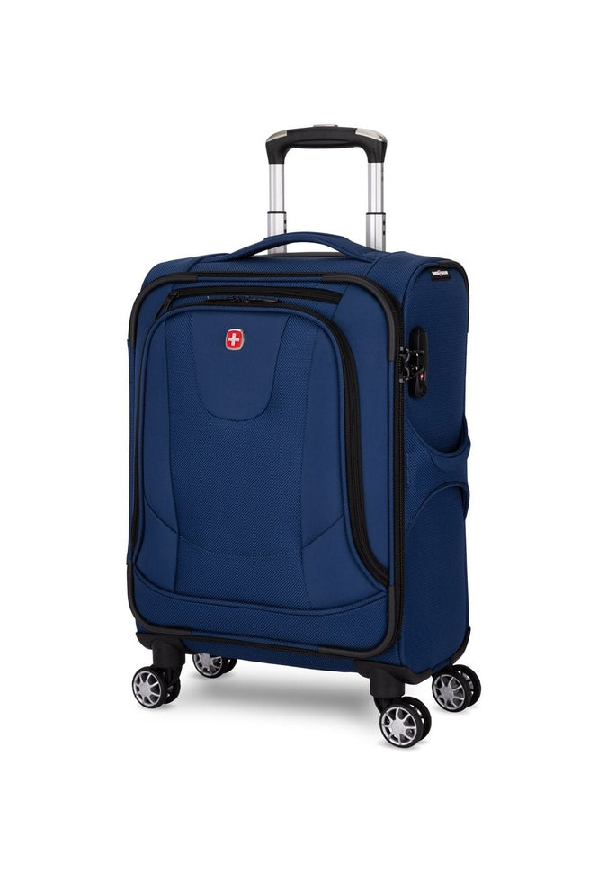 Swiss Gear Neolite III 19" Carry-on Spinner in blue with black trim, front angled view