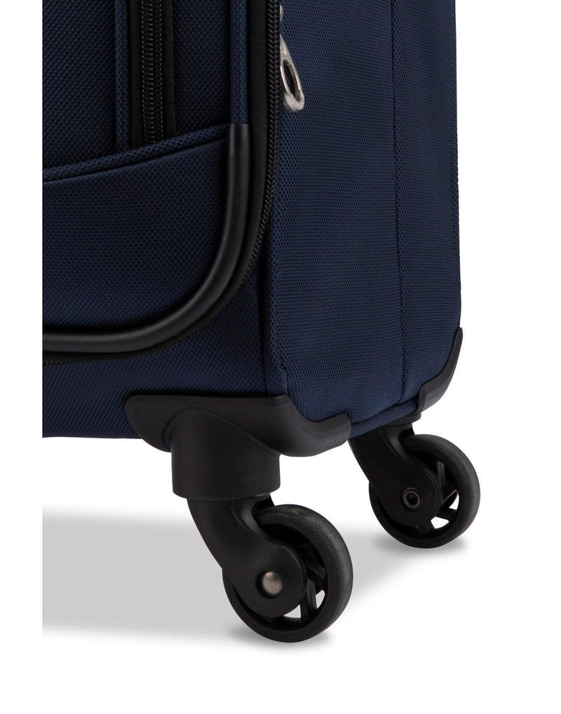 Swiss Gear Phoenix 24" Expandable Spinner, navy, close up of spinner wheels.