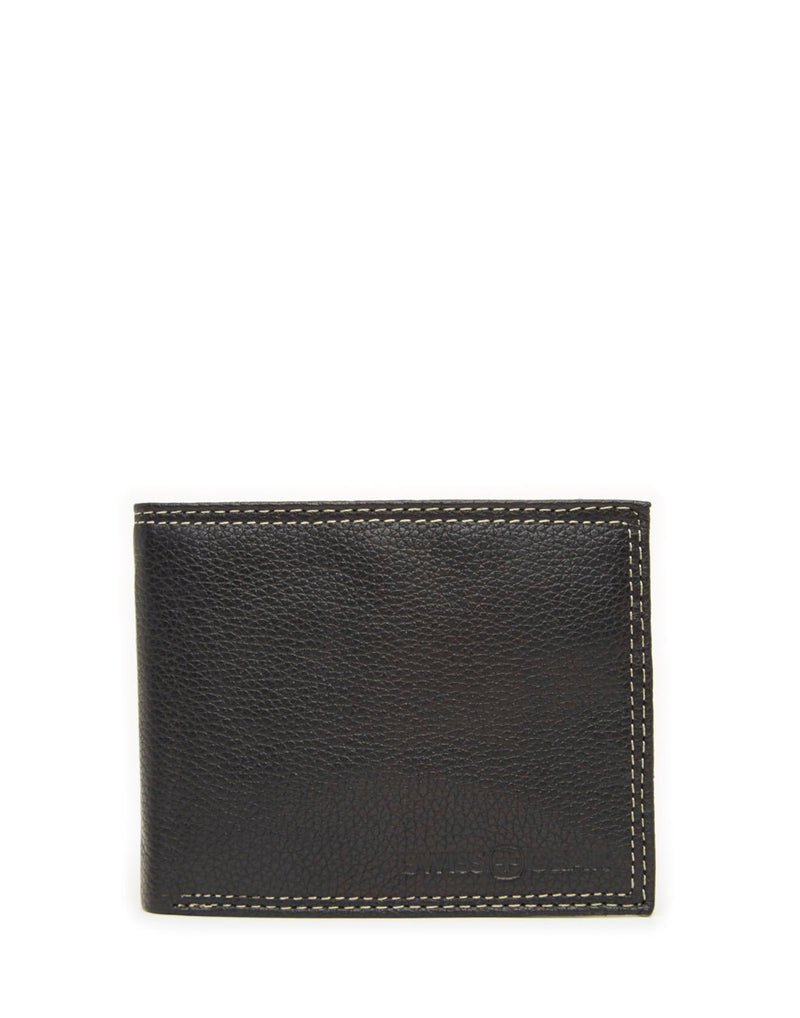Swiss Gear RFID Billfold Men's Wallet with Centre ID Wing, textured black leather with beige tonal stitching around edges and debossed Swiss Gear logo on bottom right