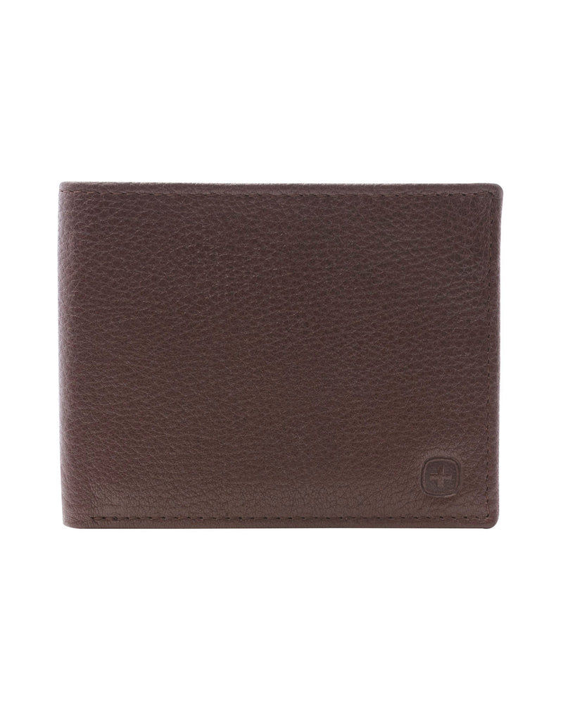 Swiss Gear RFID Billfold Men's Wallet with ID Holder, brown, front view with embossed Swiss Gear logo on bottom right hand corner