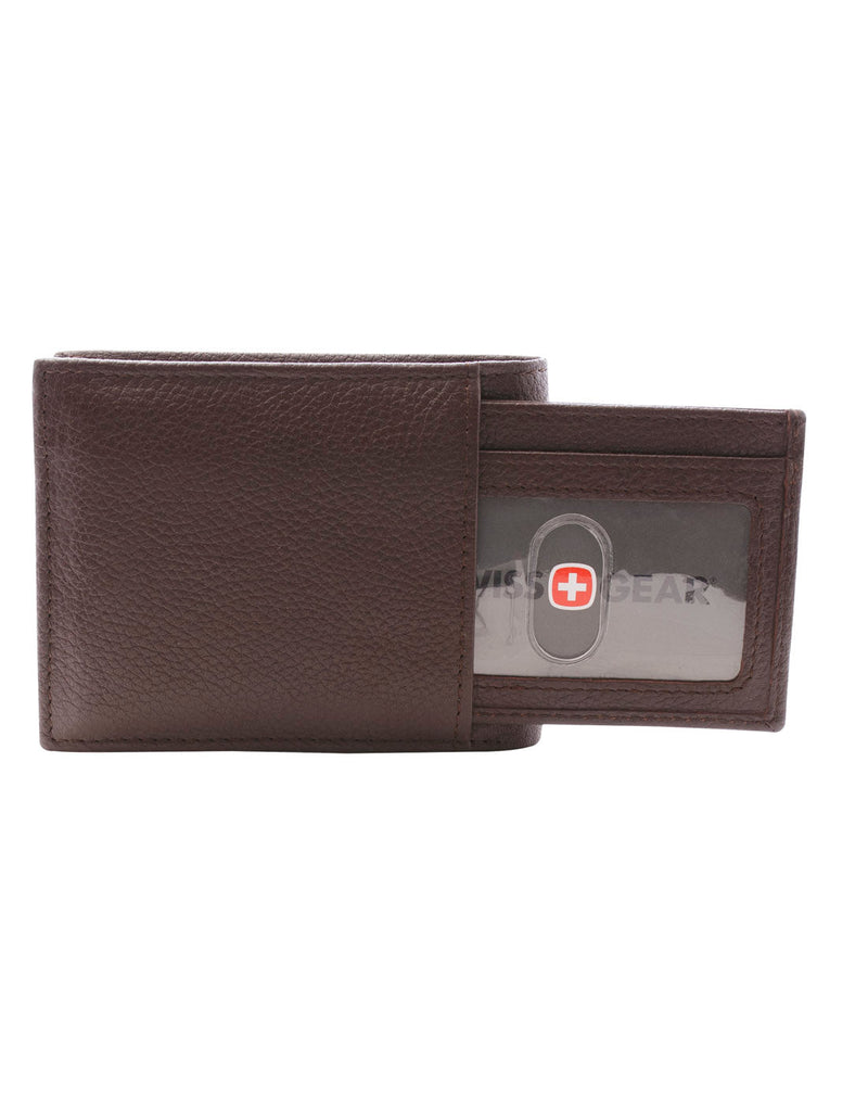 Swiss Gear RFID Billfold Men's Wallet, brown with ID Holder pulled half way out of back pocket