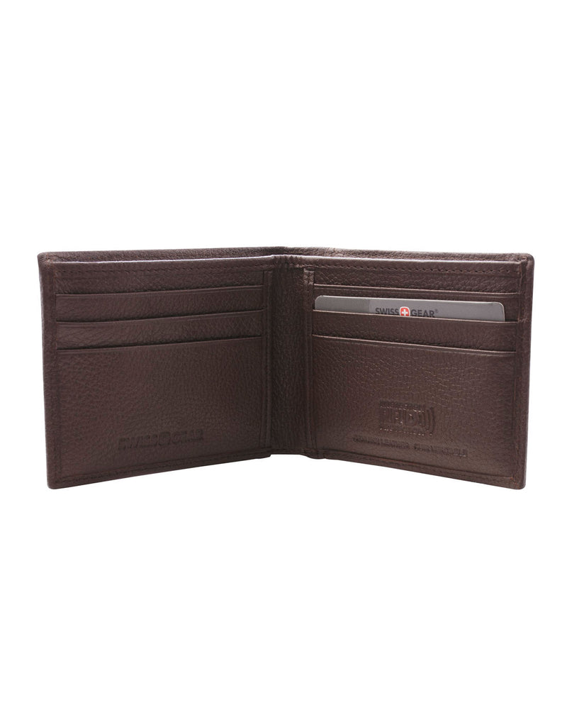 Swiss Gear RFID Billfold Men's Wallet with ID Holder, brown, inside view of three card slots on each side
