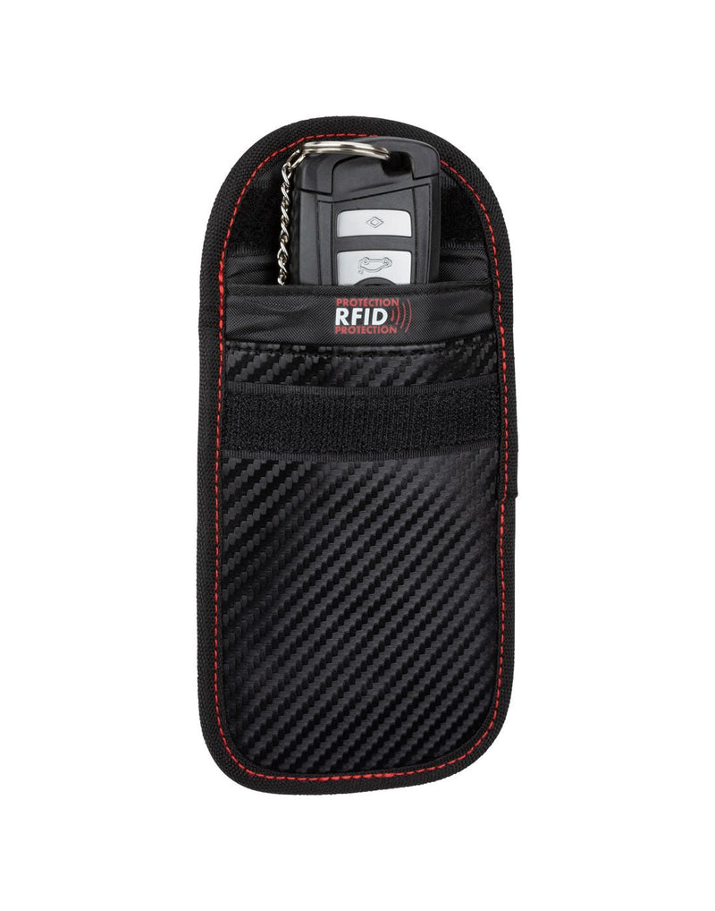 Swiss Gear RFID Car Key Signal Blocker, black with red stitching, open view with key fob sticking out of pocket