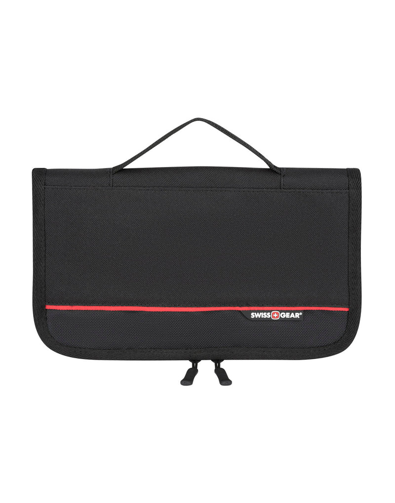 Swiss Gear RFID Passport Travel Wallet, black, front view, with side grab handle and red stripe across front