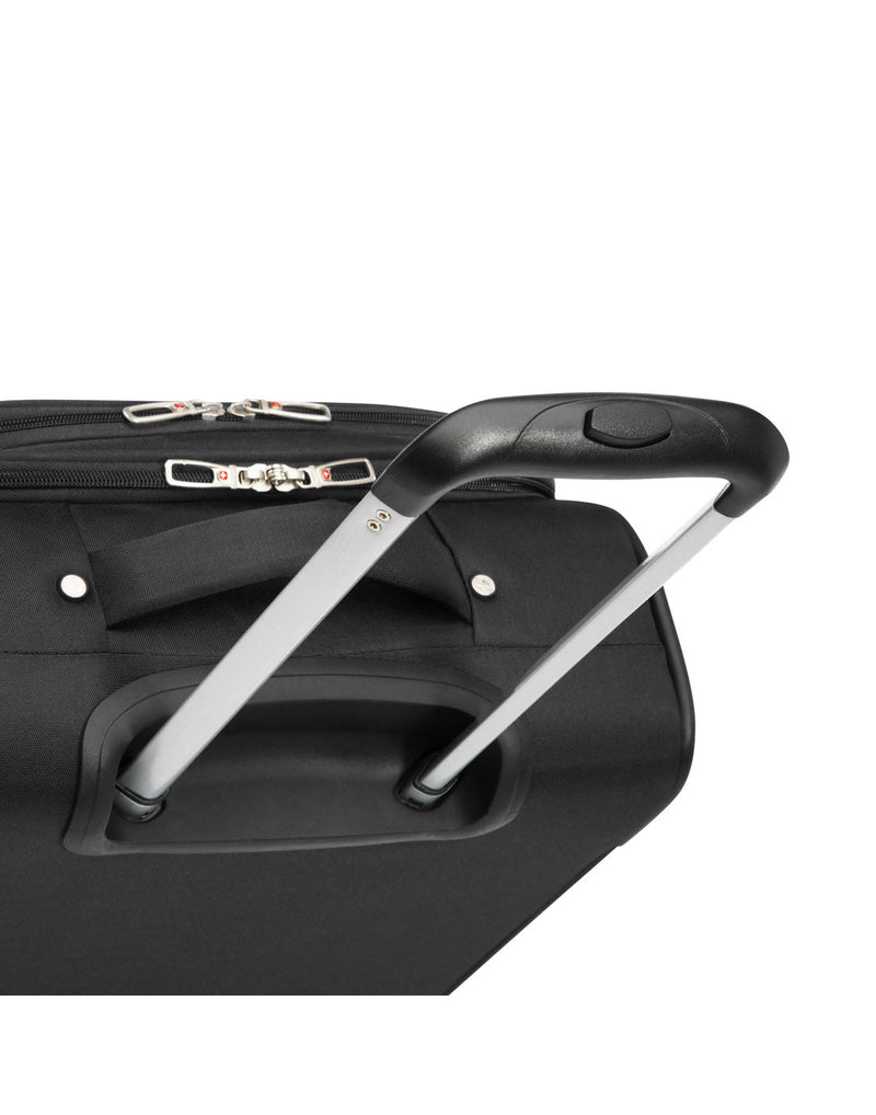 Close up of telescopic handle extended on black Swiss Gear Round Trip II 19" Carry-on Spinner