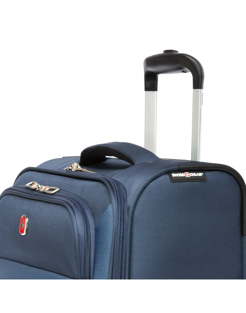 Close up of top of blue Swiss Gear Round Trip II 19" Carry-on Spinner with telescopic handle extended