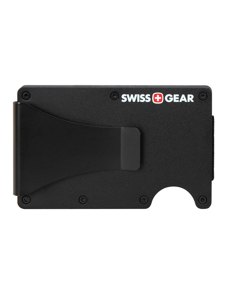 Swiss Gear Slim Aluminum RFID Card Wallet, black, front view with money clip on left and Swiss Gear logo on top right corner