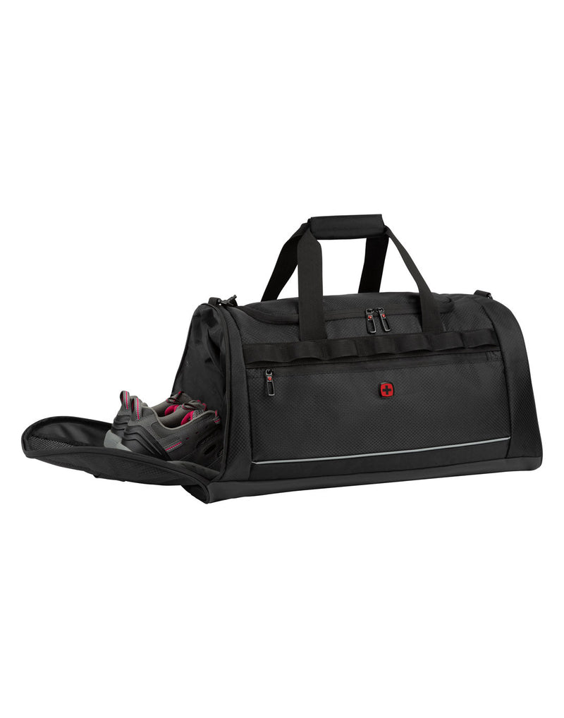 Swiss Gear Sport Duffle Bag, black, side shoe pocket open with pair of shoes inside