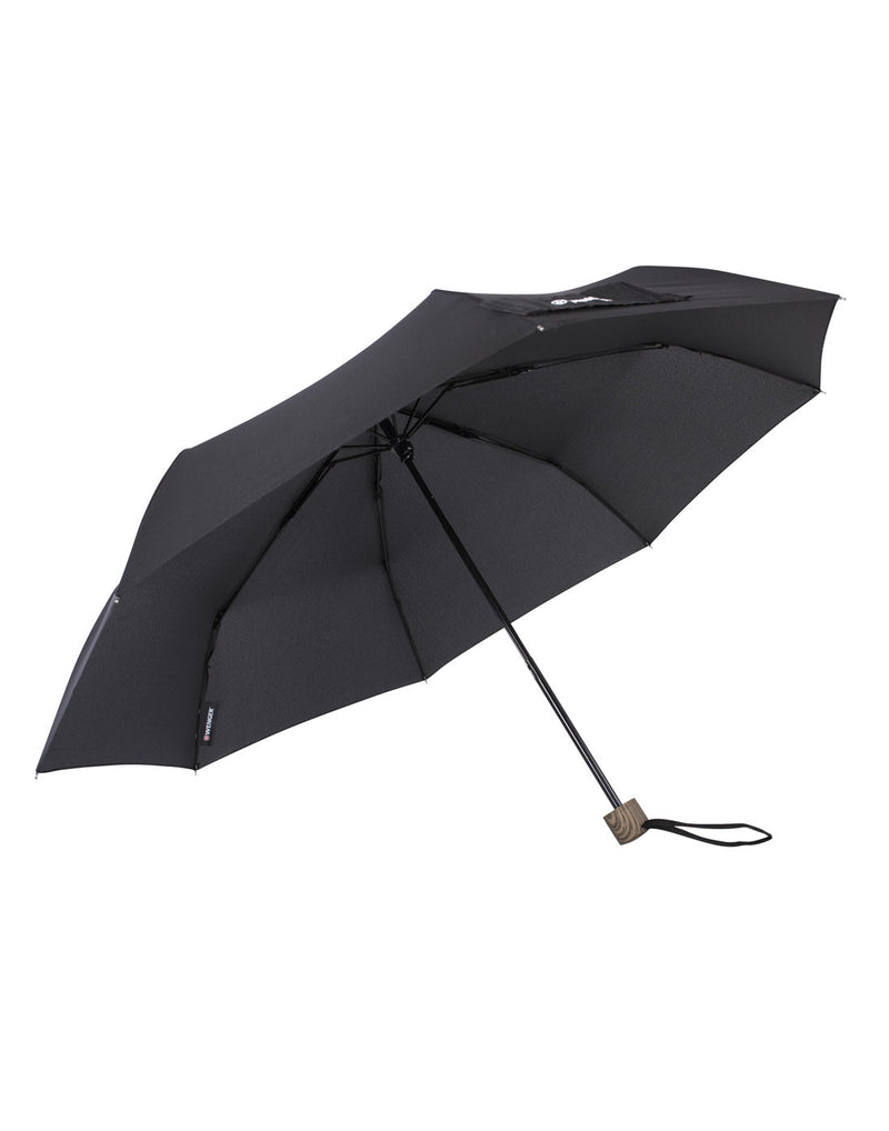 Swiss Wenger Telescopic Umbrella, black, open, side angled view