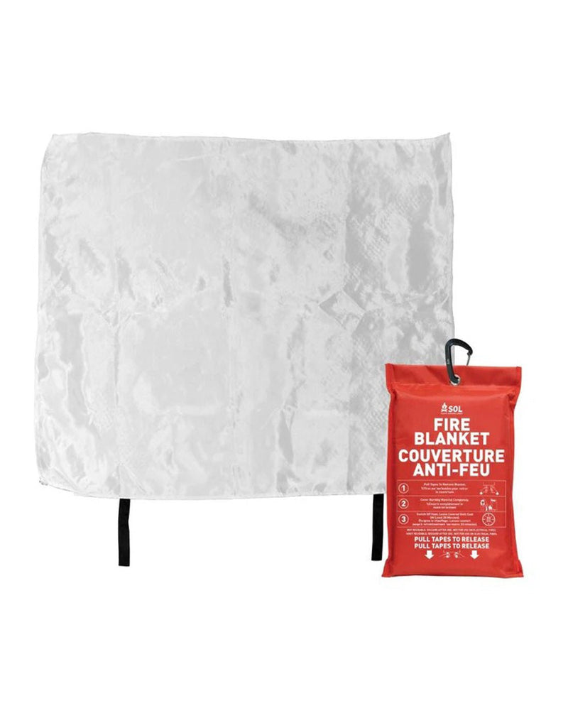 SOL Emergency Fire Blanket, product unfolded with pouch beside
