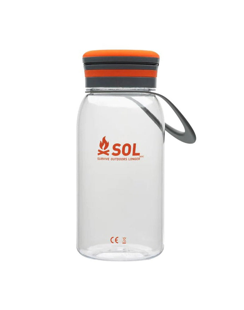 SOL Venture Solar Water Bottle Lantern, clear with grey and orange lid, front view