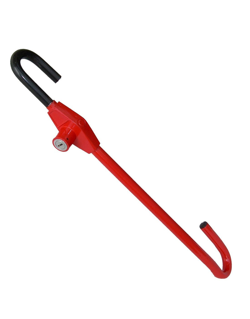 The Club® Pedal to Wheel Lock, red with a hook on either end and lock in middle
