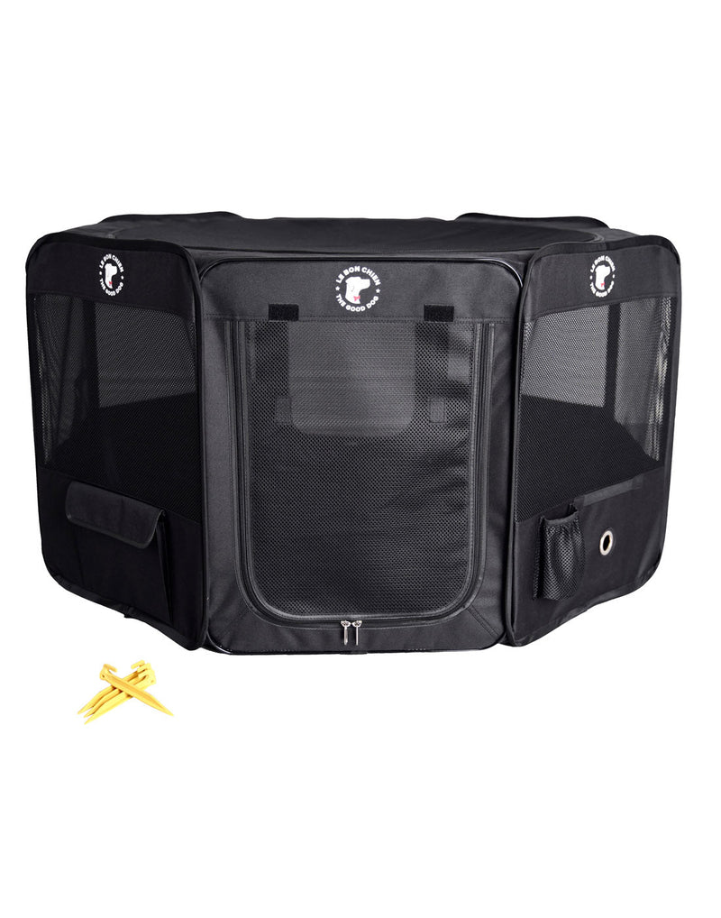 The Good Dog Portable Playpen, black, with 8 mesh sides, zippered entry door, two side pockets, and ground stakes