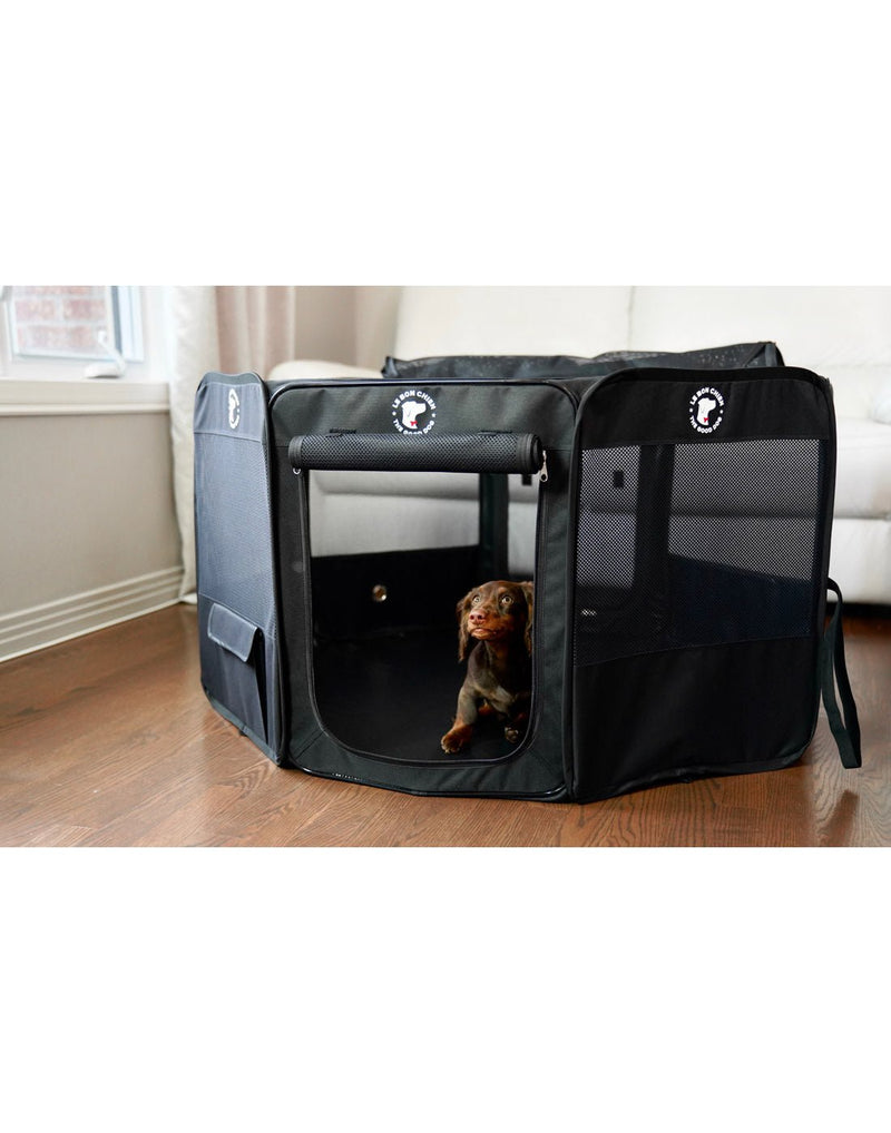 Lifestyle image of a dog sitting in The Good Dog Portable Playpen with the zippered front door rolled up.  The playpen is set up on wood floors inside a living room.