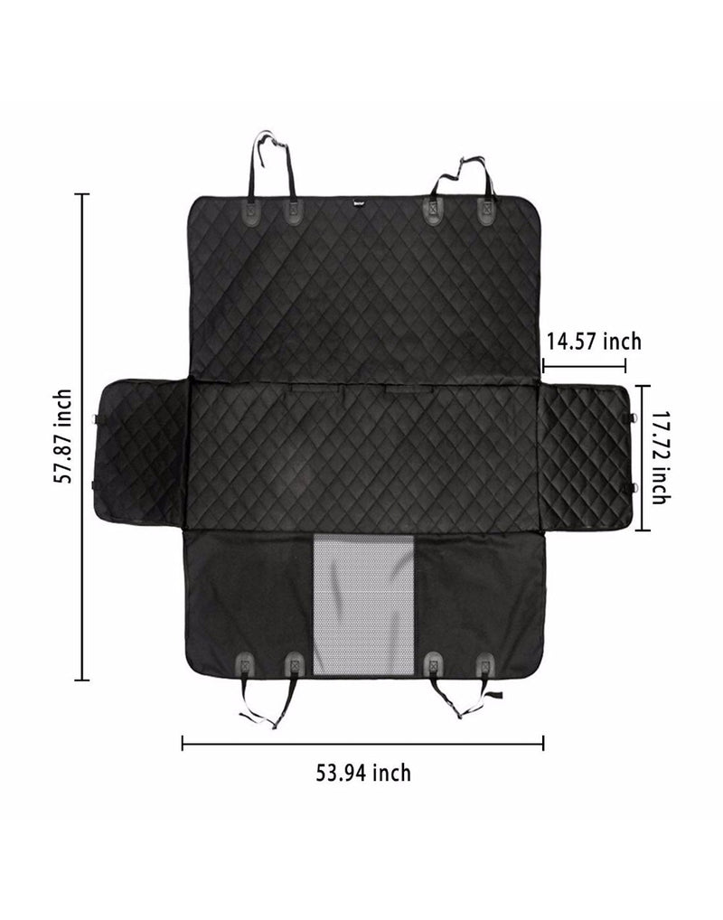 Image of The Good Dog Seat Cover laying flat with sizing included.  The length is 57.87 inches.  the width 53.94 inches.  Actual  dimensions of the enclosure on the seat itself are 53.94 inches by 17.72 inches 