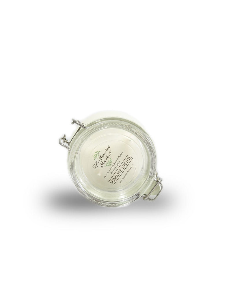 The Scented Market Summer Nights 2 Wick Soy Wax Candle in a glass hinge lid mason jar, top view