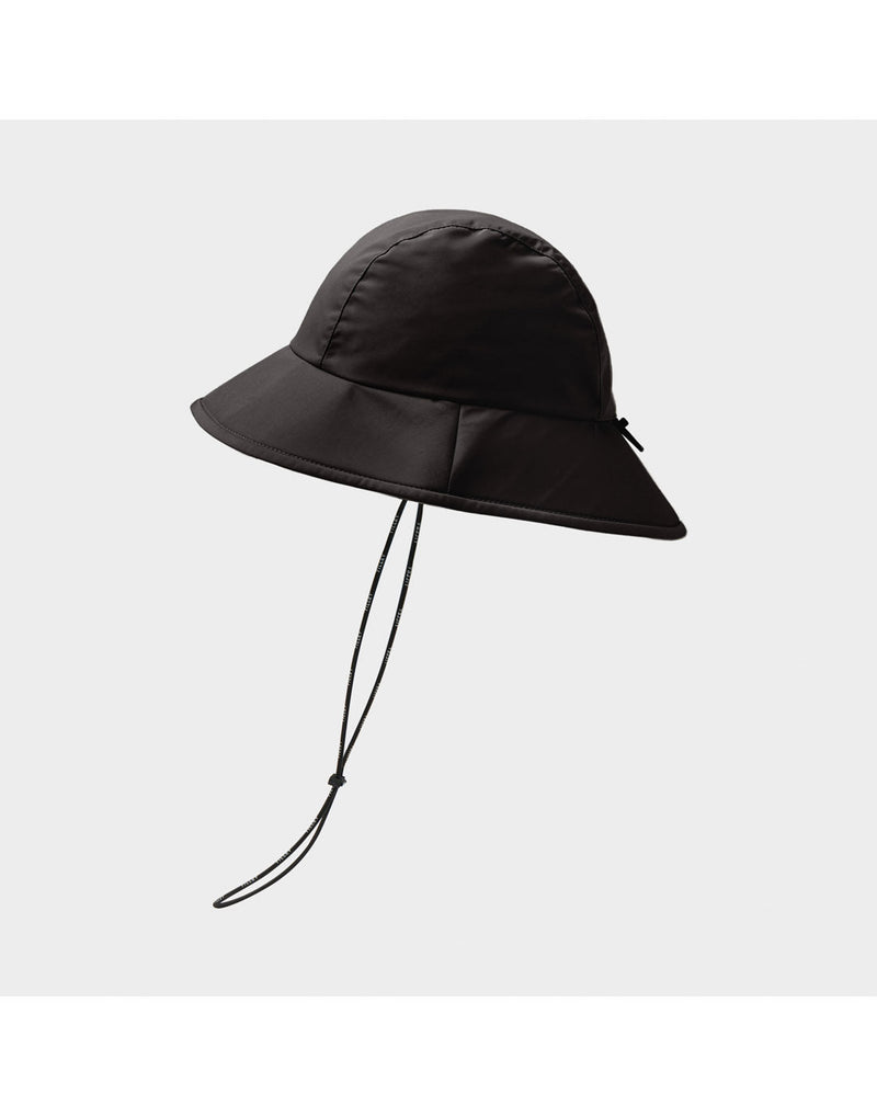Tilley Storm Bucket Hat in black, side view with windcord dangling down