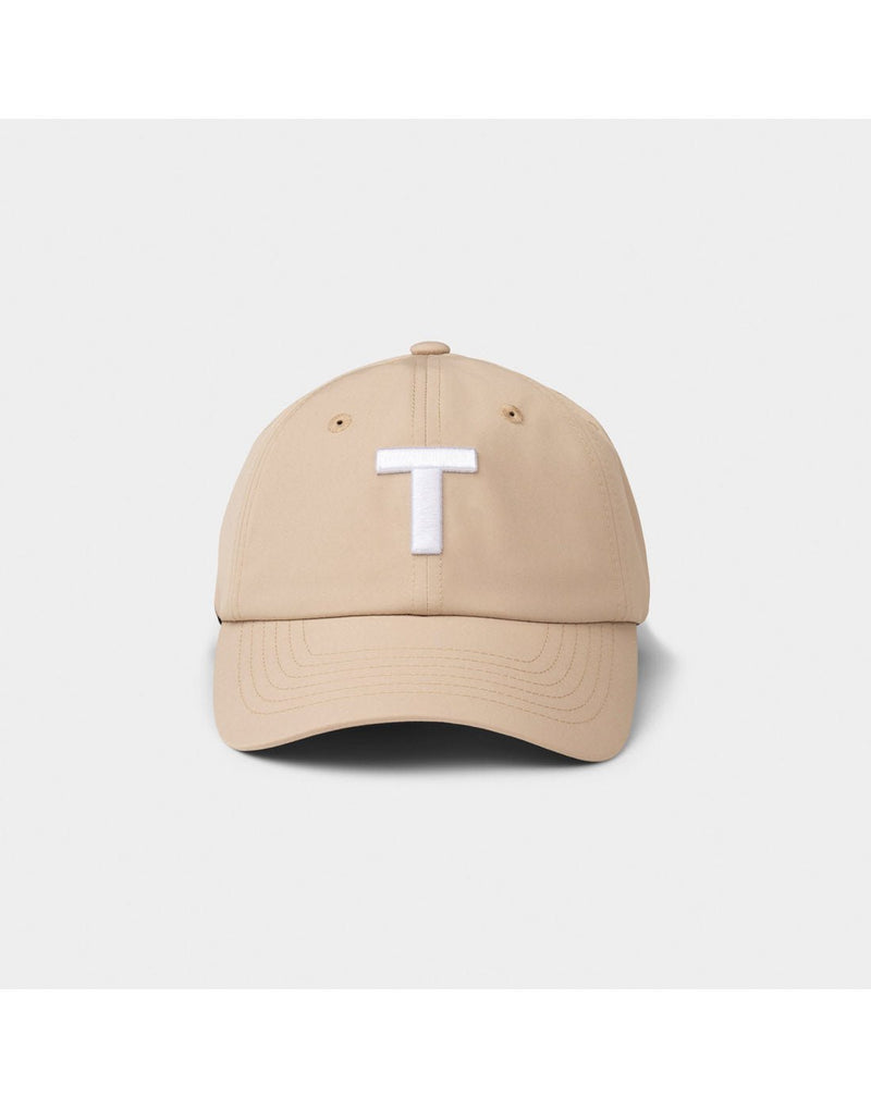 Tilley T Golf Cap in light tan with large white T on front, front view