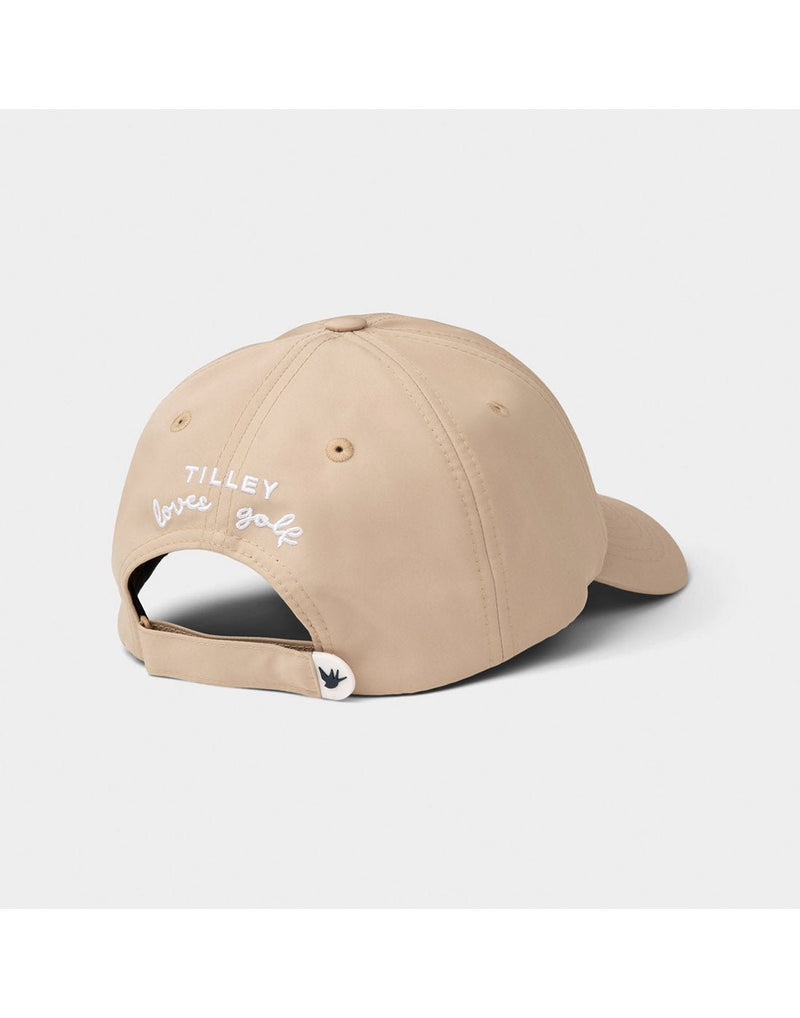 Tilley T Golf Cap in light tan back angled view with white stitched words on back that says Tilley loves golf