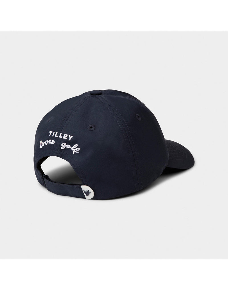 Tilley T Golf Cap in dark navy back angled view with white stitched words on back that says Tilley loves golf