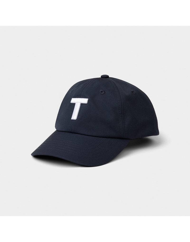 Tilley T Golf Cap in dark navy with large white T on front, front angled view