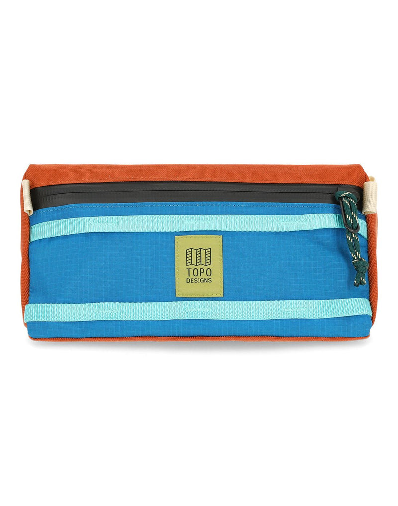 Topo Designs Bike Bag - triangular shape with blue front with two light blue horizontal stripes, white loops, orange top and back, black zipper with green zipper pull, and yellow logo label on front centre, front view