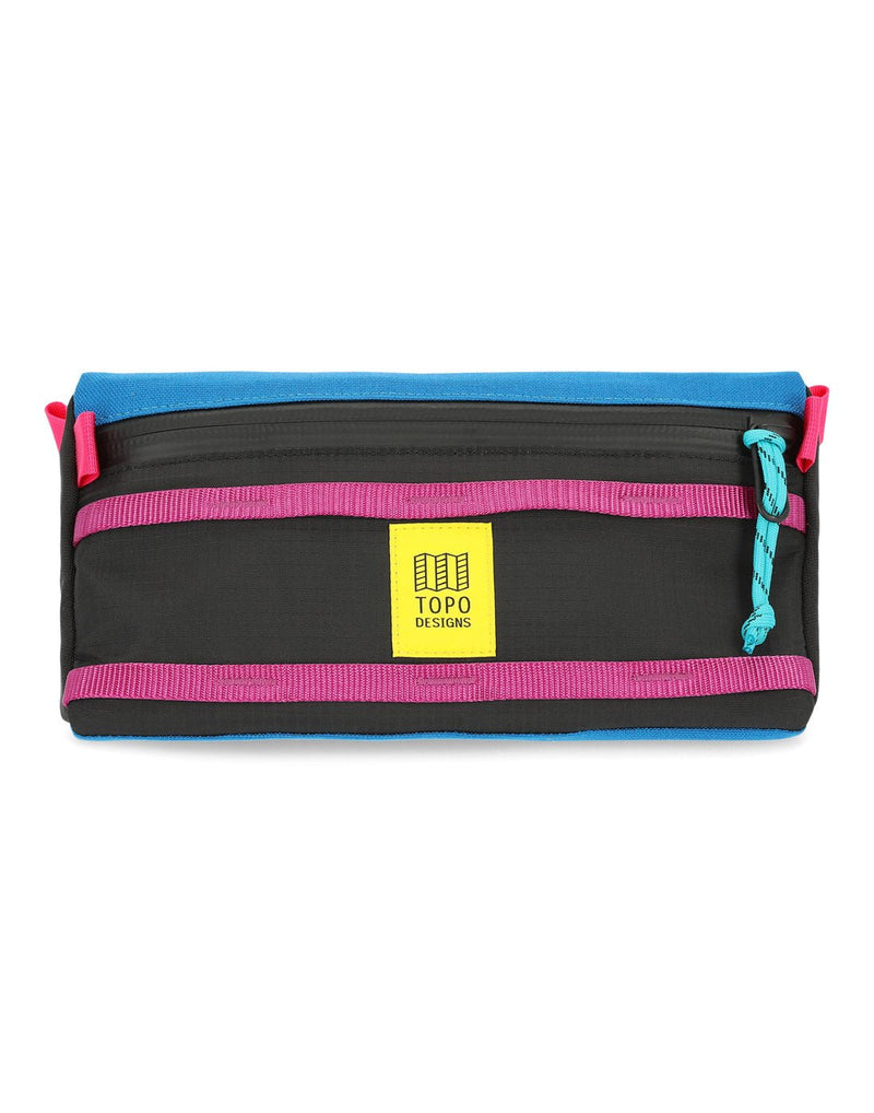 Topo Designs Bike Bag - triangular shape with black front with two pink horizontal stripes, pink loops, blue top and back, light blue zipper pull, and yellow logo label on front centre, front view