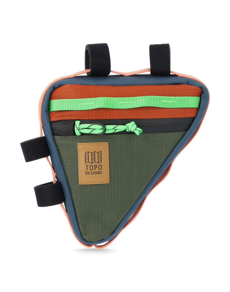 Topo Designs Bike Frame Bag in olive and clay with light green daisy chain strip along top of triangular shaped bag, light green zipper pull, khaki rectangular logo patch, light pink daisy chain webbing surrounding entire bag sides, and four black Velcro loops for attachment to bike