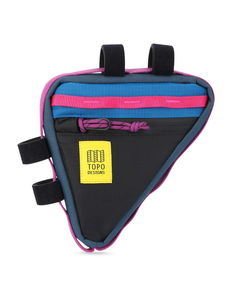 Topo Designs Bike Frame Bag in black and blue with pink daisy chain strip along top of triangular shaped bag, purple zipper pull, yellow rectangular logo patch, purple daisy chain webbing surrounding entire bag sides, and four black Velcro loops for attachment to bike