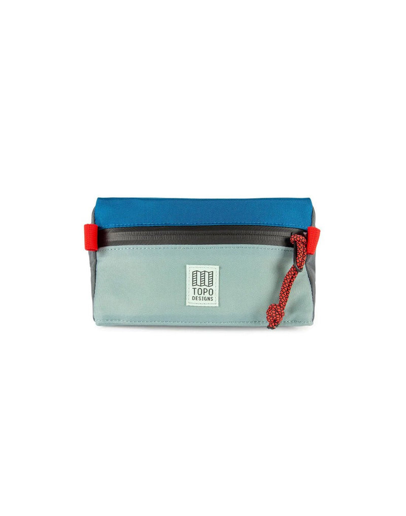 Topo Designs Mini Bike Bag - mineral bottom and blue top with black zipper and red side tabs and zipper pull, with white logo patch on front centre, front view